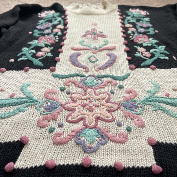 Vintage 80s Ninon de Lenclos Women’s Large Floral 3D Knit Mock neck Embroidered - Picture 2 of 6